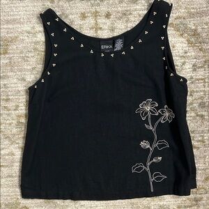 Erika Black Linen Beaded and Embroidered Linen Blend Tank Top Y2K